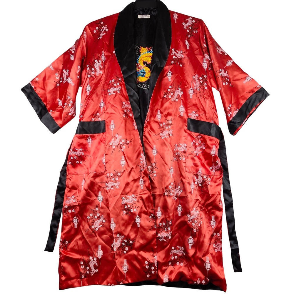Thai Silk Kimono Robe L Reversible Red Black Asian Dragon Embroidered Lounge VTG